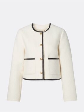 By Malina Cropped white Collarless Wool Jacket with Black Trim NWT